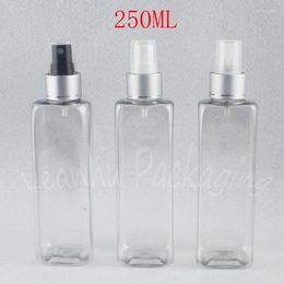 Storage Bottles 250ML Transparent Square Plastic Bottle With Silver Spray Pump 250CC Toner / Water Packaging Empty Cosmetic Container