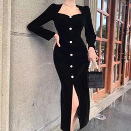 Casual Dresses Spring Elegant Vintage Slit Women Maxi Dress Winter Autumn Velvet Long Sleeve Bodycon Slim Office Ladies Business Vestido