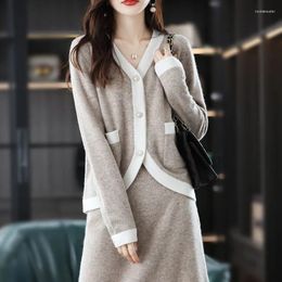 Work Dresses 2023 Early Autumn Commuter Suit Women's Knitting V-neck Pure Wool Cardigan Long Skirt Two-piece Set Fashion Female Clothes