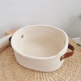 Storage Baskets Nordic Cotton Storage Basket with Handle Hand Woven Container Toy Sundries Cosmetic Storage Plate Wardrobe Desktop Organizer 230310