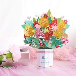 Gift Cards Flower Paper Mother Cards 3D Popup Greeting Cards Paper Flower Gift Card For Birthday Wedding Valentine Holiday Z0310