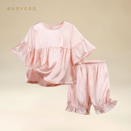 Pyjamas Sweet Lovely Solid Colour Girls Pink Silk Homewear Set Kids Summer Clothes Children's Thin Natural Silk Pyjamas Skin Friendly 230310