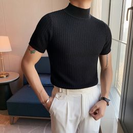 Men's Sweaters Autumn Short Sleeve Knitted Sweater Men Tops Clothing All Match Slim Fit Stretch Turtleneck Casual Pull Homme Pullovers 230310