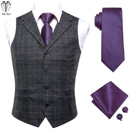 Men's Vests Hi-Tie Classic Silk Mens Vests Grey Plaids Waistcoat Men Vest Gold Blue Tie Hanky Cufflinks Set for Dress Suit Business Father 230310