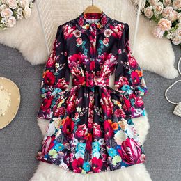 Runway Autumn Holiday Short Dress Women Clothing Stand Collar Long Lantern Sleeve Flower Print Belted Mini Party Vestidos 2023