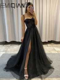 Party Dresses Side Slit 3D Flowers Long Evening Gowns Spaghetti Straps Sweetheart Bones Black Glitter A Line Tulle Prom Dresses 230310