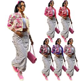 Womens Bomber Jacket Wholesale Female Print Single Breasted Long Sleeve Coat New Party Street Outerwear Sport Casual Vintage Y2k Top K10987