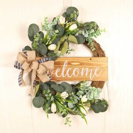 Decorative Flowers Wreaths Eucalyptus Wreath For Front Door Spring Summer Sign Artificial Tulip Leaf Garland Welcome Porch Decoration P230310 P230310