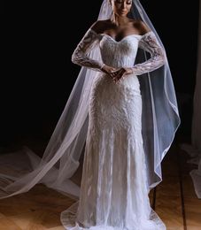 Stylish Mermaid Wedding Dresses Long Sleeves V Neck 3D Lace Hollow Beaded Sparkly Sequins Appliques Detachable Train Bridal Gowns Plus Size Vestido de novia Custom