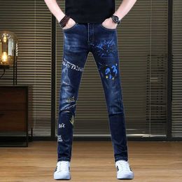 Men's Jeans Korea Version Mens White Wash Blue High Quality Slim Stretch Light Luxury Embroidery Sexy Street ; Y2303