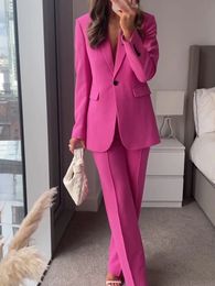 Women's Suits Blazers SLMD Spring Fashion Women Rose Pants Suits Single Button Pockets Blazers Zip Fly Wide Legs Pants Female Elegant Wear 230310