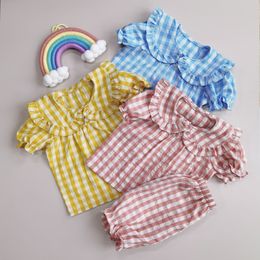 Pajamas Girls Plaid Clothes Sets 2pcs Casual Style Kids Homewear Suits Short Sleeve Top and Pants Pajamas for Children 230310