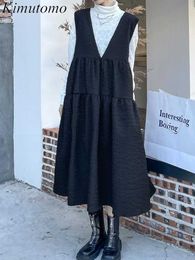 Casual Dresses Kimutomo Elegant Solid Loose Folds Design Strap Dress Woman Chic V Neck High Waist Versatile Pleated 2022 Korean Popular Y2302