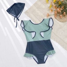 One-Pieces Cute Big Bow Baby Girl Swimwear with Hat Macaron Solid Colour Children One Piece Girls Swimming Suits 2-8Y