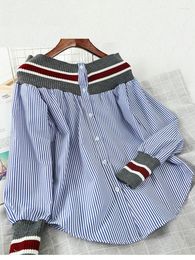 Women's Blouses Spring Autumn Patchwork Shirts Striped Navy Style Loose Retro Shirt Long Sleeve Lantern Woman Tops PL116