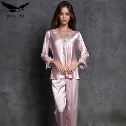 Women's Sleepwear Pink Women's Pyjamas Sets Emulation Silk Striped Pyjama Women Sleepwear Sets Female Spring Summer Autumn Woman Homewear 230310