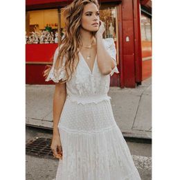 Women Clothes Summer Lace White Party Dress New V-neck Short Sleeve Long Maxi Birthday Night Evening Casual Ladies Girls Dresses S-3XL