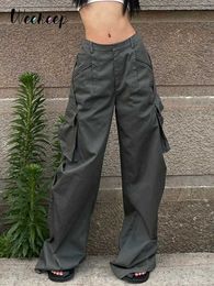 Women's Pants Capris Weekeep Oversized Grey Cargo Pants Low Rise Wide Leg Casual Sweatpants Pocket Stitch Baggy Grunge Women's Trouser Korean Fashion L230310