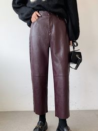 Women's Pants Capris QOERLIN Fall Winter PU Leather Pants Women Elegant High Waist Pockets Faux Leather Harem Pant Female Back Elastic Waist Trousers 230310