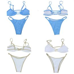 Women's Swimwear 2 Pcs Women Sexy Bathing Suits Adults Hollow Out Solid Color Spaghetti Strap Padded Bikini Tops Thong