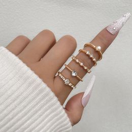 Cluster Rings 5 Pcs/set Trendy Geometric Imitation Pearl Finger Ring Gold Colour Crystal Inlaid Love Heart Party Wedding Knuckle Joint