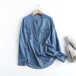 Women's Blouses Mid Length Jeans Shirt Blouse Women Spring Long Sleeves Denim Blue Casual Loose Straight Cotton Tops Pockets