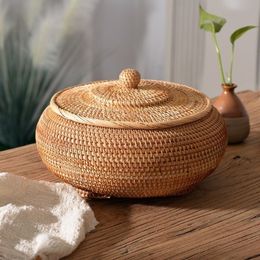 Storage Baskets Round Rattan Boxes with Lid Hand-Woven Multi-Purpose Wicker Tray 11 Inch Picnic Food Bread Table Storage Basket WF 230310