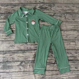 Pyjamas Wholesale Nightclothes Baby Boy Christmas Pyjamas Clothes Santa Shirt Green Plaid Pants Set Infant Kids Boutique Children Outfit 230310