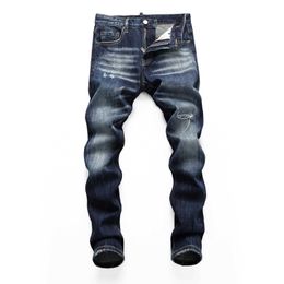 Men's Jeans 2023 Spring and Autumn Broken Best quality Hole Elastic Water Wash College Students' Feet Tight Nightclub Fashion Print D2 Pants