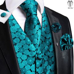 Men's Vests Hi-Tie High Quality Silk Mens Vests Teal Floral Jacquard Waistcoat Tie Hanky Cufflinks Brooch Set for Men Suit Wedding Office XL 230310