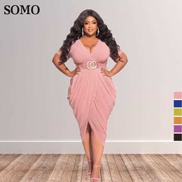 Plus Size Dresses Trendy Women Sexy Deep v Neck Skinny Dress Clothing Midi Length Elegant Pleated Solid Wholesale Dropshipping 230307