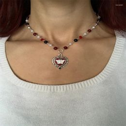 Choker Gothic Butterfly Charm Heart Chokers Oil Dripping White Vintage Fairy Core Beaded Chain Rosary Necklace Y2K Jewellery Gift