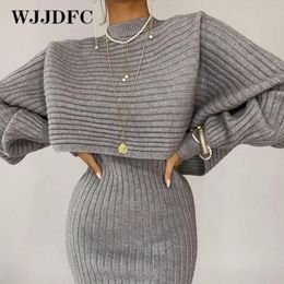 Two Piece Dres Elegant Slim Sets Female Sweater Dress Autumn Winter High Waist Knitted Ensemble Femme Medium Long Party Dresses 230310