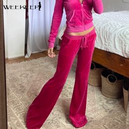 Women's Pants Capris Weekeep Velvet Casual Pants Women Streetwear High Waist Tie Up Loose Flare Jogger Autumn New Aesthetic Pink Cute Pocket Trousers L230310