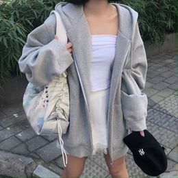 Womens Hoodies Sweatshirts Oversize Women Casual Solid Zip Up Hooded Sweatshirt Harajuku Korean Loose Couple Hoodie Jacket Coat Streetwear 230310