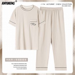 Men's Sleepwear Elegant Mens Sleepwear Big Size Luxury Male Pyjamas Summer Night Wear Short Sleeve Long Pants Men's Pijama Cotton Pyjama for Man 230310