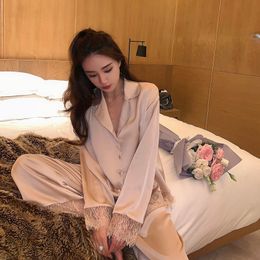 Women's Sleepwear Pijamas Women Silk Nightgown Spring Autumn Long Sleeve Trousers Sexy Lace Sleepwear V-neck Loose Casual Simple Thin Pyjama Sets 230310