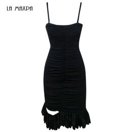 Casual Dresses Ruffled Spaghetti Strap Dress Sexy Bodycon Mini Summer 2023 Pleated Halter Party Club Black Patchwork