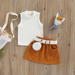 Clothing Sets 1-5 Years Girl Summer Outfits Ribbed Solid Color Sleeveless Vest Tops Elastic Waist Skirt With Bag Kids Girls Suits