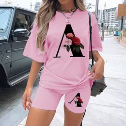 Women's Two Piece Pants Summer Women Two Piece Sets 26 Letter Printed Pink T-Shirts Shorts Suits Short Sleeve Casual Sexy Joggers Shorts Outfit 230310