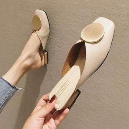 Slippers 2023Brand Designer Women Slip On Mules Flat Heel Casual Shoes British Buckle Slides Wooden Block Heels Summer Footwear