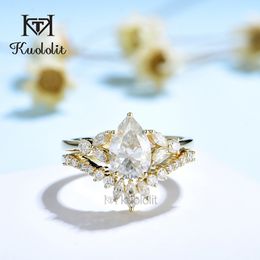 Kuololit 585 Marquise Pear marquise wedding ring Set - 14K/10K Yellow Gold with Band - Perfect Christmas Gift for Women (1.5CT)