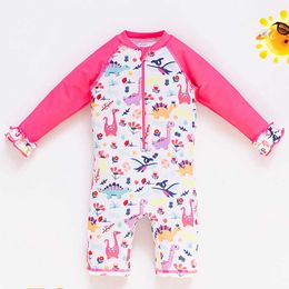 One-Pieces 1-6 Years Old Baby Girls Swimsuit Sun Protection Cap Set Long Sleeves One Piece Swimwear for Kids Toddler Cartoon Girls Swimming