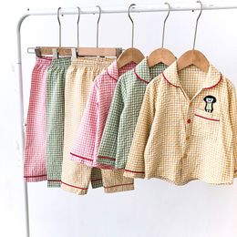 Pyjamas Girls Home Clothes Set Spring Autumn Boys Embroidered Top With Plaid Trousers 2 Piece 3-7Y Unsex Comfortable Pyjama Clothes 230310