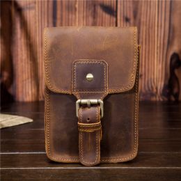 Waist Bags Men's Pack Genuine Leather Pouch for Men Fanny Cow Mini Phone Vintage Big Wallet Belt Loop Hoop 230310