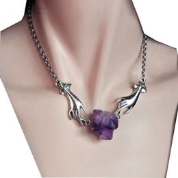 Fashion Natural Crystal Rough Stone Amethyst Pendant Energy Healing Gemstone Necklace Charms Mineral Stone Jewelry for Women