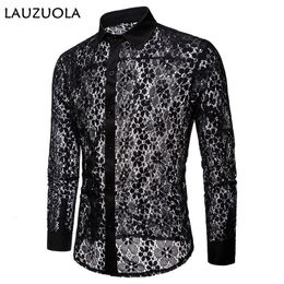 Men s Casual Shirts See Through Black White Lace Shirt Men Fashion Streetwear Man Long Sleeve Single Breasted Lapel T Tops 230309