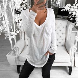 Women's T-Shirt HotFashion Sexy Women T-shirts Solid Colour cotton Deep V neck Long Sleeve Tops Front Pocket Loose Tunic T shirt for women female