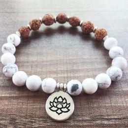 Strand Beaded Strands Fashion Bracelet For Women Natural Stone White Howlite Bodhi Bracelets Lotus Pendant Yoga Prayer MalaBeaded