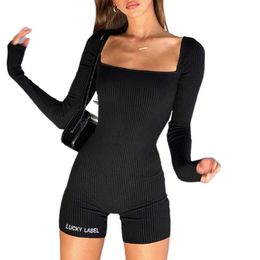 Women's Jumpsuits & Rompers Women Summer Playsuit Backless Jumpsuit Long Sleeve Square Collar Bodysuit Black Streetwear Womens JumpsuitWomen